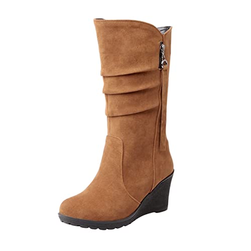 Damen-Stiefel, modisch, leger, dünner Schnitt, Keilabsatz, mattiert, seitlicher Reißverschluss, dekorativ, runde...
