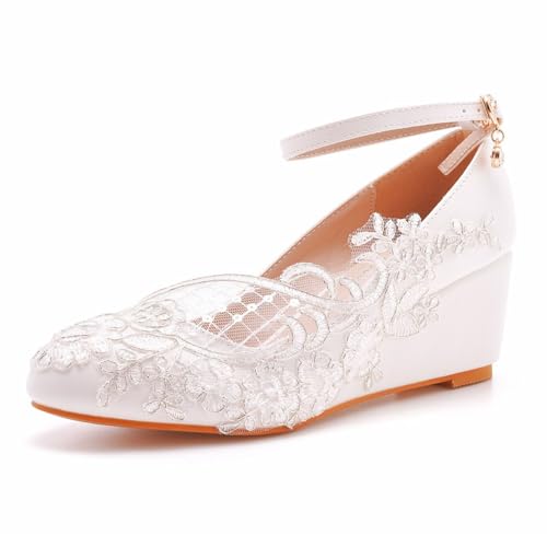 FamMe Spitzen-Hochzeitsschuhe, geschlossene Zehenpartie, Brautschuhe, Mary Jane-Pumps mit Keilabsatz, Knöchelriemen,...