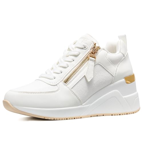 ANJOUFEMME Sneaker mit Keilabsatz Schuhe Damen Weiss - Turnschuhe mit Absatz Damen, Plateau Sneaker Damen, Plateau...