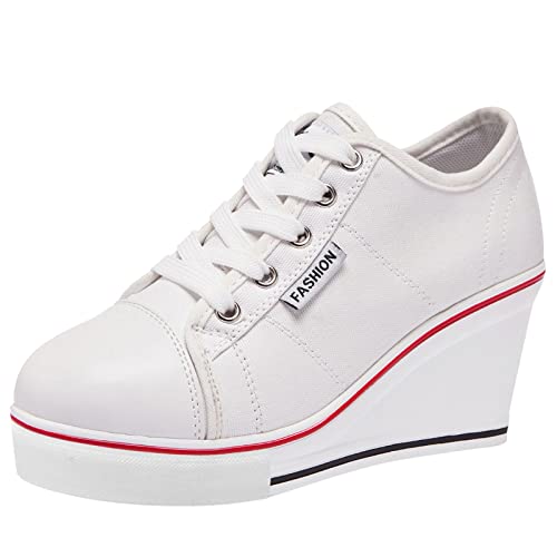 ANUFER Damen Keilabsatz Schnüren Canvas Turnschuhe Weiß SN02435 EU37