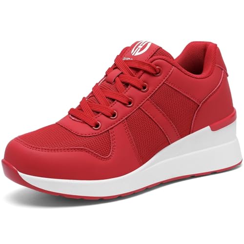 GURGER Damen Keilabsatz Sneakers Atmungsaktiv Modische Freizeitschuhe Wedges Plateau Keilsneaker Keil Schuhe Rot Größe...